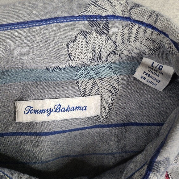 Tommy Bahama Shirt Men's Large Gray Striped Hawaiian Silk Cotton Button Down - Picture 4 of 12